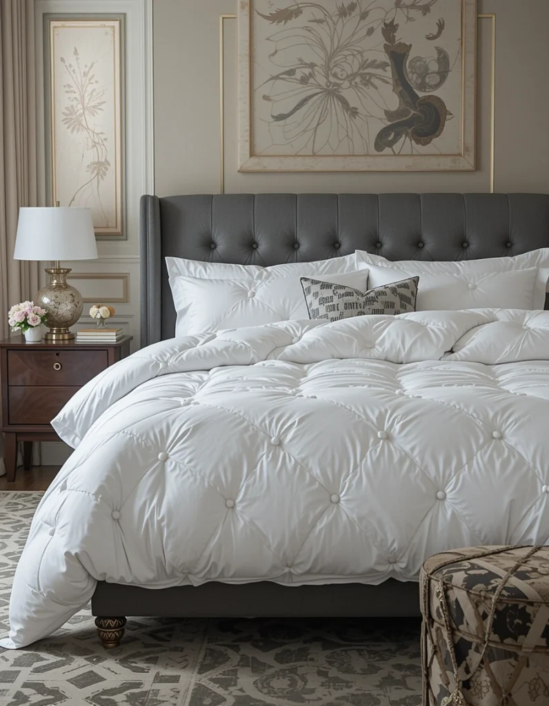 A designer bed always looks plush. The key is a generously filled duvet—often one size larger than the mattress for extra drape. This creates that luxurious, cloud-like appearance. Down or down-alternative inserts both work, as long as the fill feels full and evenly distributed.