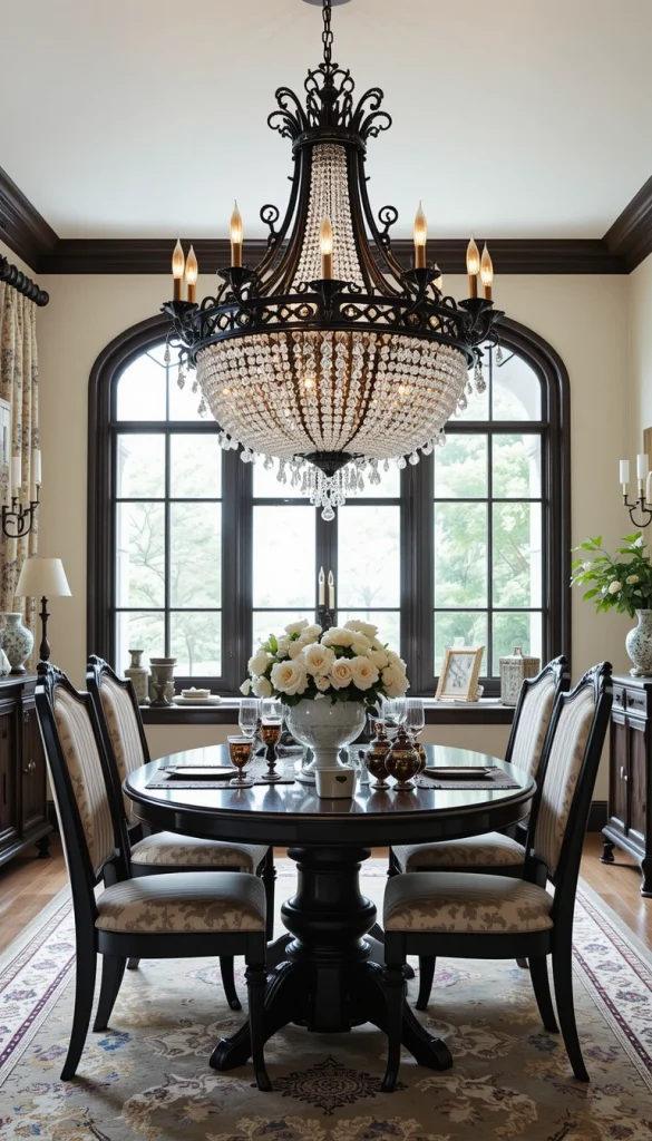 A dramatic chandelier is practically the crown of a gothic dining room. Iron chandeliers add medieval weight, while crystal versions introduce glamorous sparkle. Installing dimmers helps tailor the atmosphere for everyday dining versus special occasions. Oversized chandeliers work well even in modest rooms when hung at the correct height. This single upgrade can transform the room’s entire mood.
