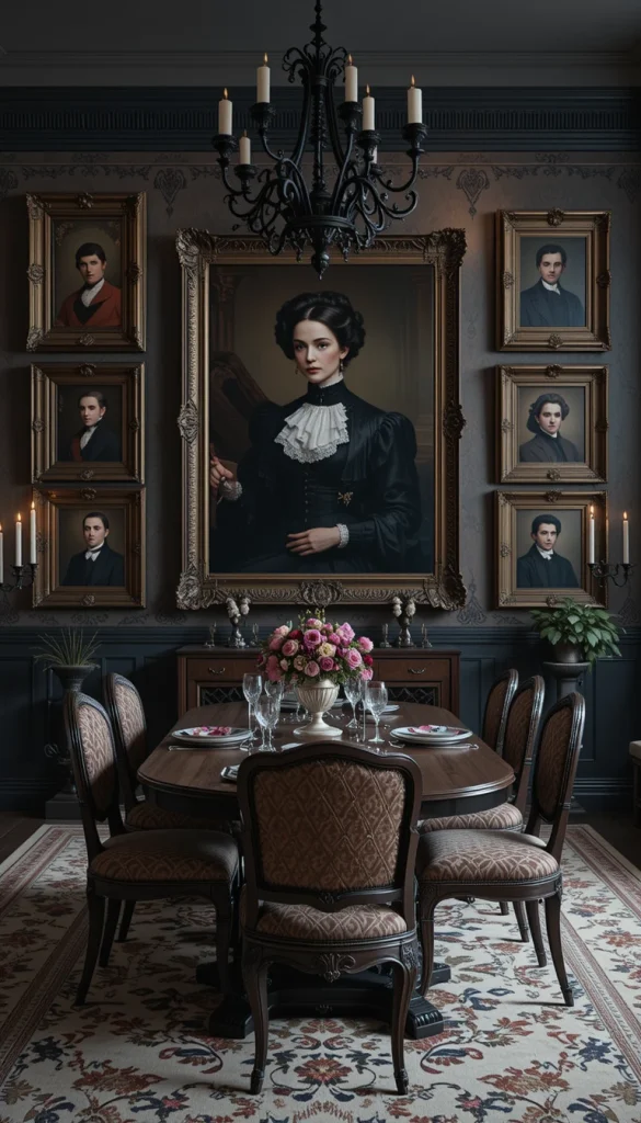 Victorian-style portraits are iconic in gothic interiors because they introduce intrigue and narrative. Choose artworks with moody colors or ornate frames. Hanging a single oversized portrait creates a confident focal point. A gallery wall of smaller portraits can feel like a curated collection with personal significance. This idea works surprisingly well in both modern and traditional homes.