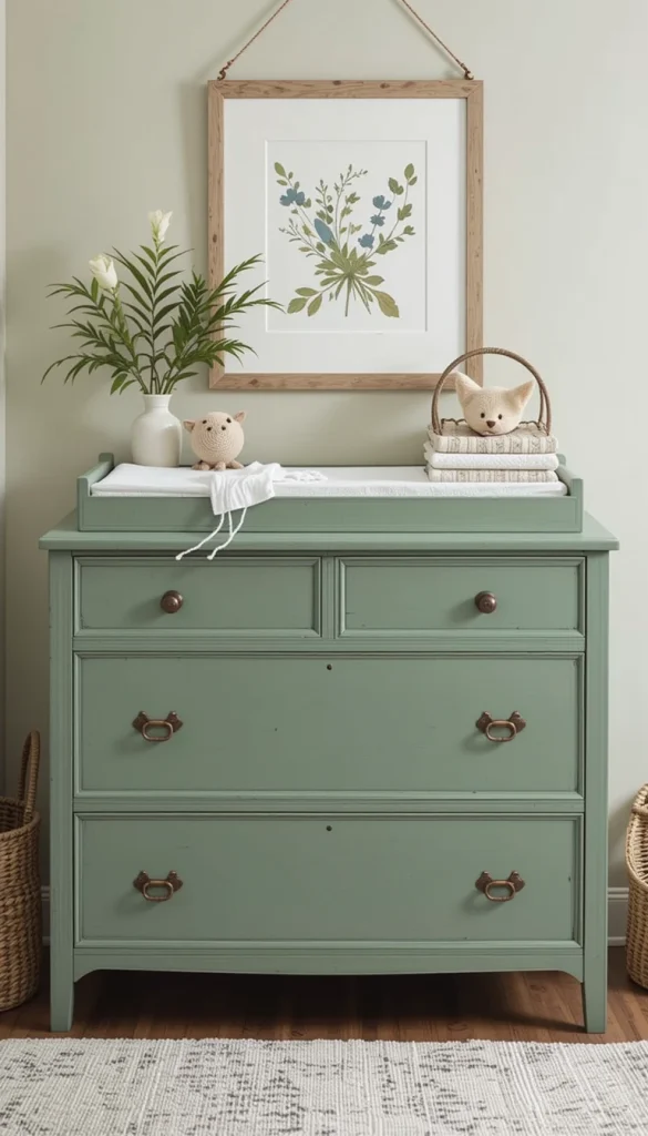A changing table painted in sage is both functional and stylish. It breaks up a space without committing the entire room to color. Many parents love repurposing vintage dressers with a fresh sage coat—affordable and charming. The tone works beautifully with neutral baskets and simple décor. It gives your nursery a look that feels personal and thoughtful.