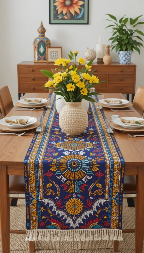 A Kente table runner instantly elevates a dining table without overwhelming your overall décor. The geometric patterns add symmetry and structure. Using one on a wooden table enhances the natural tones while adding a cultural highlight. They also work well during hosting, giving your guests something visually rich to enjoy. It’s a simple way to weave culture into everyday living.