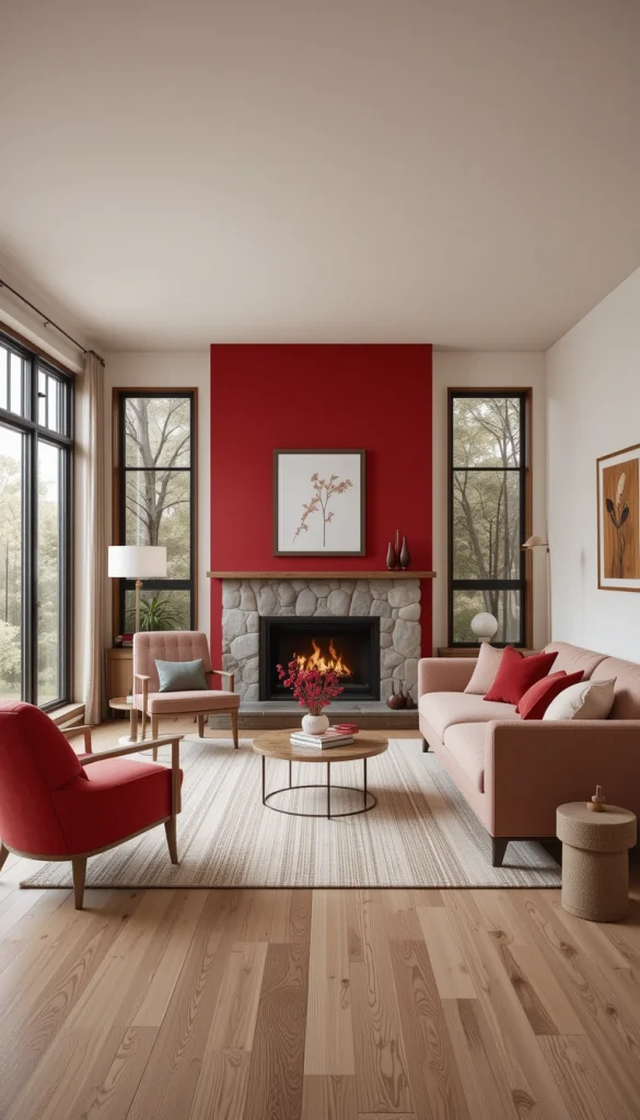 Red feels warmer when paired with wood, stone, or linen. Natural materials soften the intensity and keep the space grounded. This balance works well in contemporary homes that lean minimal. The red becomes an accent, not the star. The room feels calm and emotionally rich.