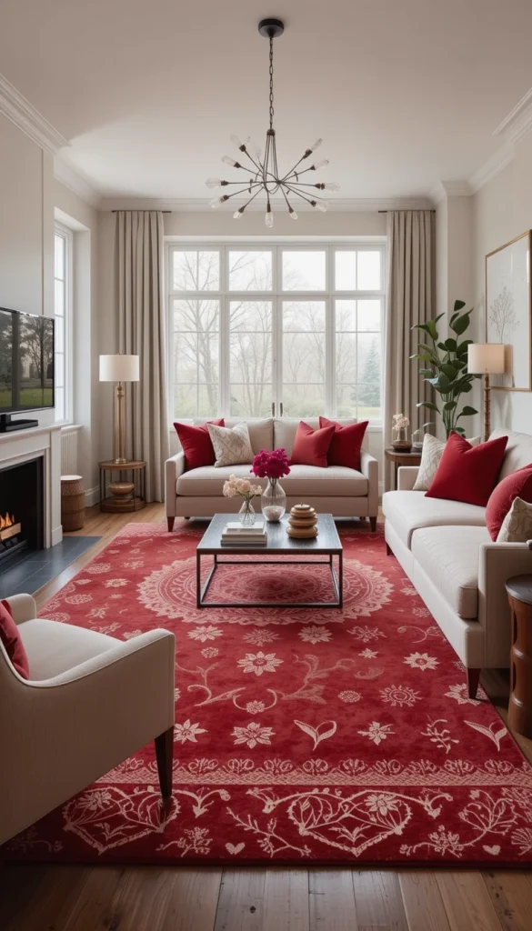 A red area rug with a contemporary pattern grounds the space beautifully. Opt for muted reds or rust tones rather than bright cherry shades for a more sophisticated look. The rug ties together neutral furniture while adding warmth underfoot. This is a practical choice for homes that feel visually cold during winter. It feels cozy, modern, and inviting.