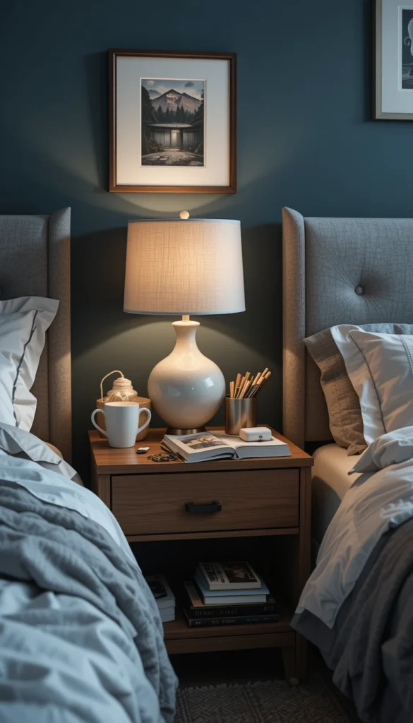Nightstands collect cups, chargers, books, and forgotten items fast. When clutter lives next to your bed, it affects how relaxed you feel at night. Limit your nightstand to true essentials like a lamp, one book, and your phone. Everything else needs a new home. A clear nightstand signals your brain that it’s time to rest.