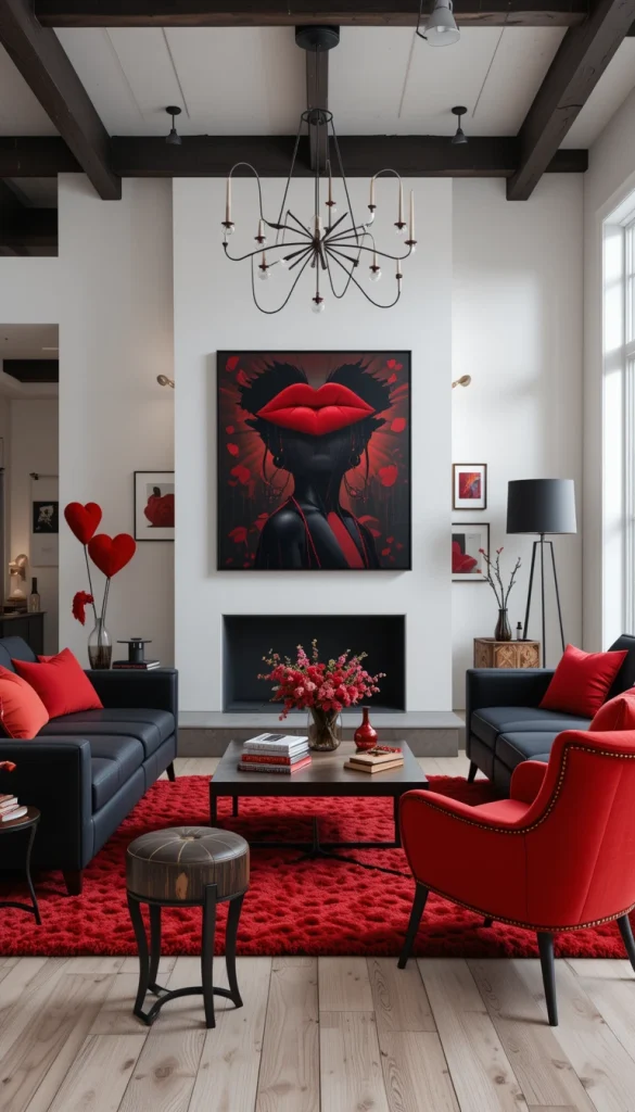 Pairing red with black creates a dramatic yet modern Valentine look. Using black furniture with red accents keeps the palette grounded. This combination feels bold, confident, and intentional. It works especially well in urban or industrial-inspired living rooms. The result is romantic with an edge.