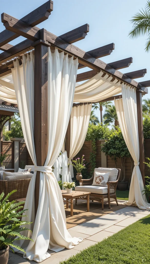A fabric-draped pergola brings softness and movement to an outdoor area. Flowing curtains or canopy panels create shade while still letting air circulate. This option is ideal for renters or homeowners who want flexibility. You can open or close the fabric depending on weather and mood. Many people use this style to create a relaxed, resort-like atmosphere.