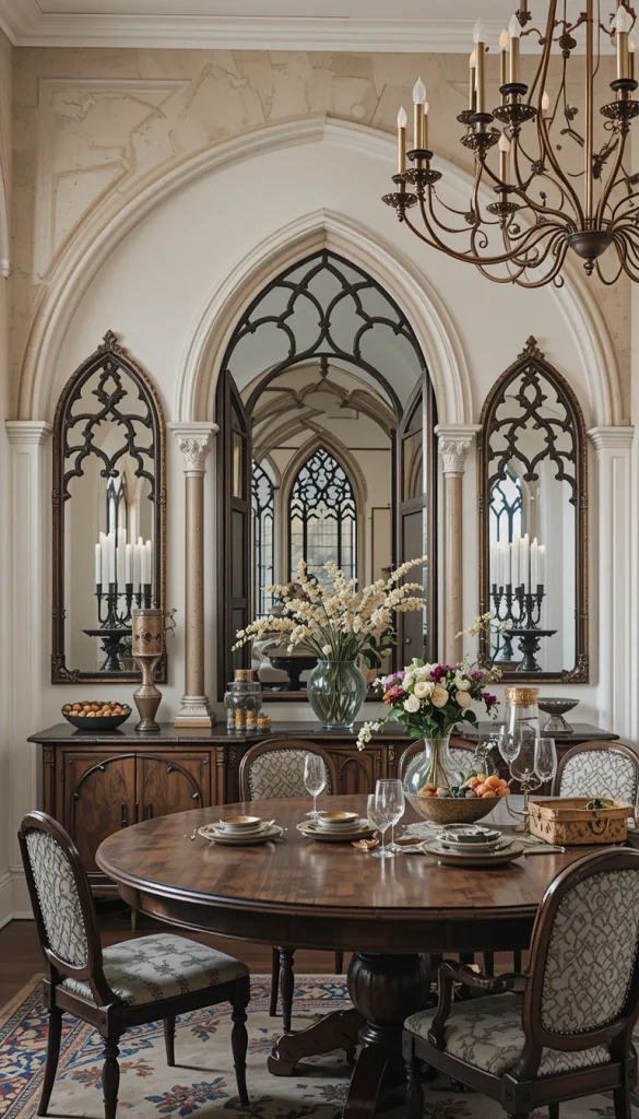 Gothic arches are one of the most recognizable elements of the style. Wall panels, mirrors, or decals featuring arch silhouettes add architectural focus without needing major construction. They work on accent walls or as pairs flanking a sideboard. This shape adds height, elegance, and medieval character to the room. Many homeowners use arches as a shortcut to a more “cathedral-like” feel.
