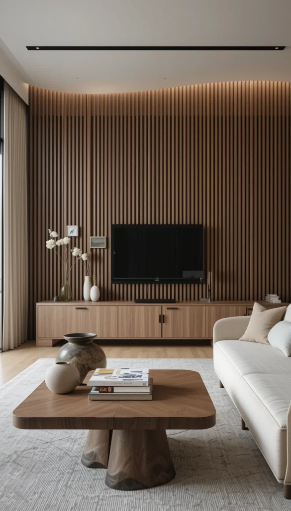  Slatted wood is a signature Japandi feature that adds rhythm and texture. Use it as a wall panel, cabinet front, or room divider. The lines create visual order without feeling harsh. It also adds warmth and depth, making your living room look more refined instantly. This small architectural touch can transform even basic furniture.
