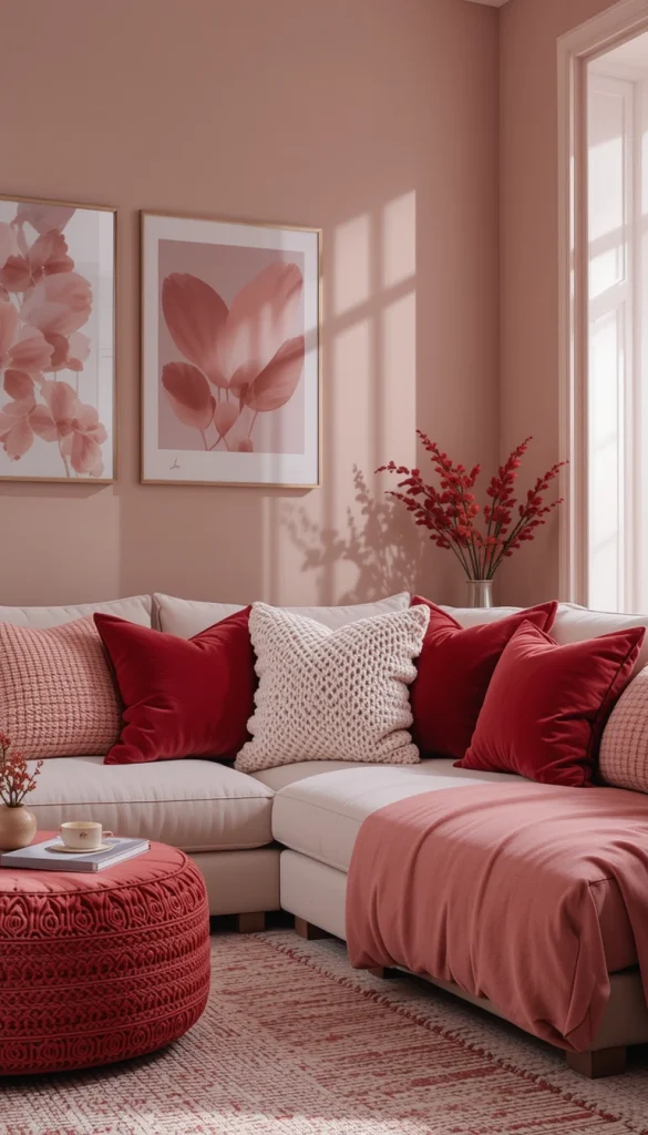 Mixing textures within the same red tone adds depth without chaos. Combining linen, velvet, and knit cushions keeps the palette cohesive. This approach works well in minimalist spaces that need visual interest. The variety makes the room feel layered and comfortable. It’s a subtle way to add romance.