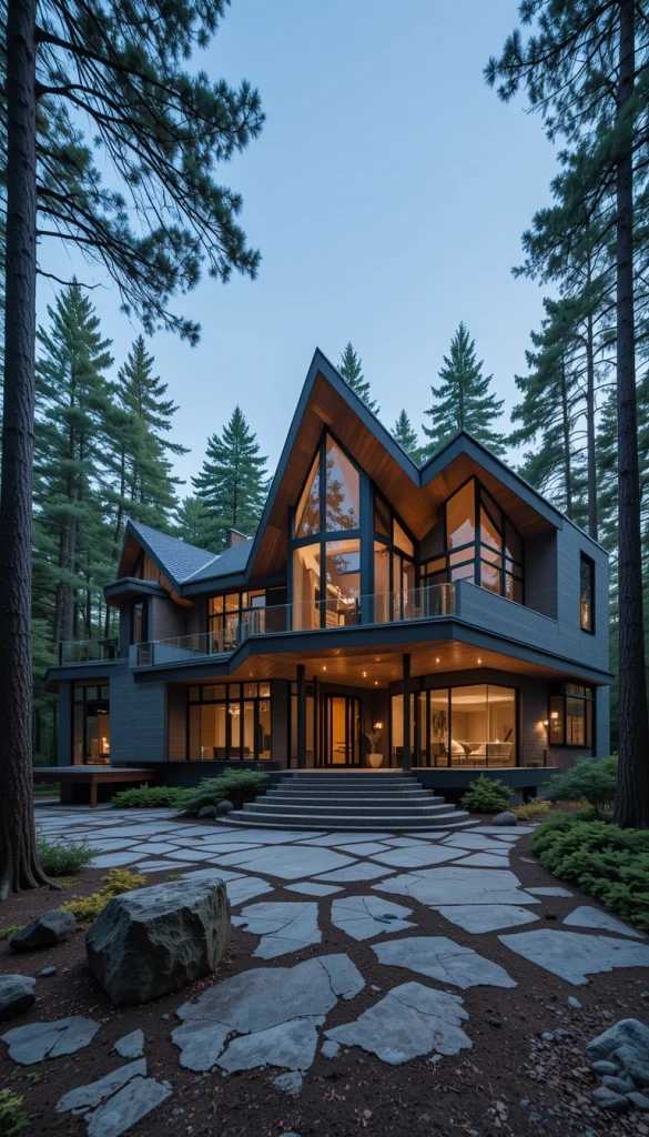 Sharp angles and bold rooflines give this forest mansion a strong architectural identity. The design contrasts beautifully with the organic shapes of trees and terrain. Strategic glazing ensures the interior remains light-filled despite the bold exterior. These homes often feel dynamic and forward-thinking. They suit owners who want statement architecture in a natural setting.