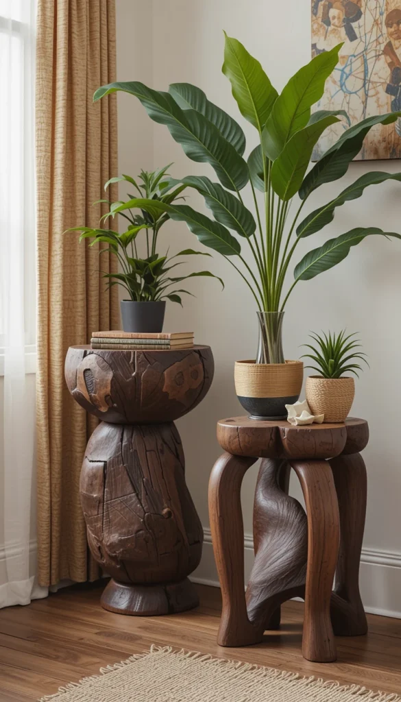 These stools, often hand-crafted in regions like Ghana, work as side tables, plant stands, or decorative sculptures. Their bold shapes add architectural interest to small corners. Because they’re carved from single pieces of wood, they feel sturdy and substantial. They also pair beautifully with woven textures and soft textiles. Their sculptural presence elevates a room effortlessly.