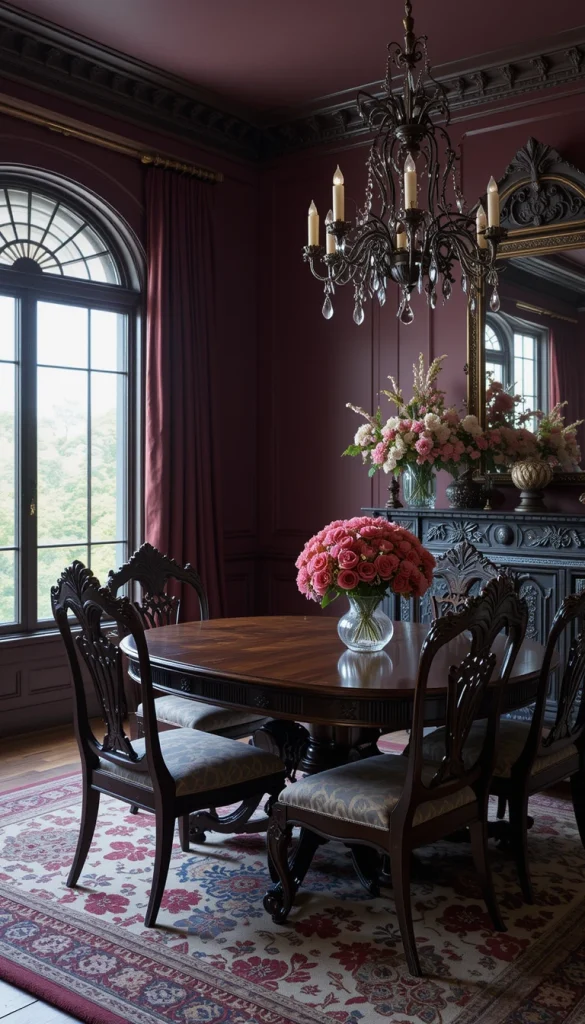 A deep burgundy wall instantly grounds the room with a warm, dramatic backdrop that feels luxurious rather than gloomy. This color works especially well when paired with ornate wood furniture because it highlights carved details. In smaller rooms, use matte paint to reduce glare and create a cozy cocoon effect. If you want a softer look, keep the trim a shade darker for subtle sophistication. Homeowners often find this shade easier to live with long-term compared to pure black.