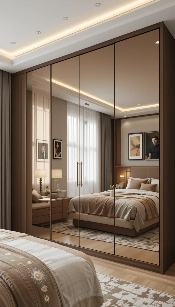 Mirrored panels visually expand the room and improve functionality. When integrated seamlessly, mirrors don’t feel flashy or outdated. They eliminate the need for separate full-length mirrors, saving space. Tinted or bronze mirrors add a modern edge. This is especially helpful in smaller bedrooms or apartments.