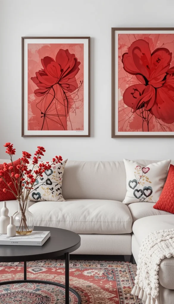 Red artwork brings romance without relying on literal Valentine imagery. Abstract prints or line art with subtle red tonesfeel grown-up and intentional. Keeping the frames black, white, or wood helps the artwork blend seamlessly into a contemporary space. This is perfect for renters who want seasonal impact without repainting walls. The result feels curated, not themed.