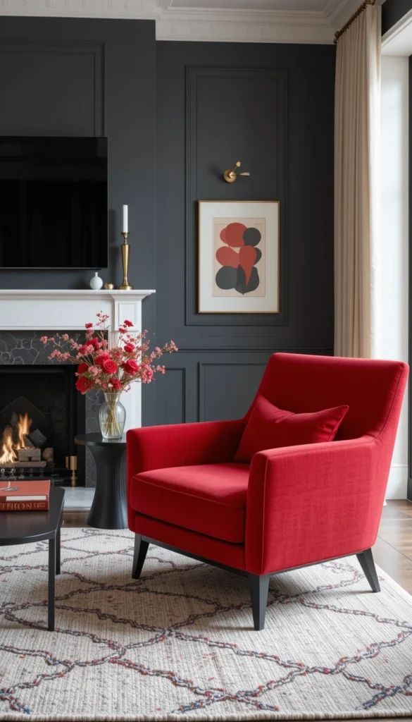 A single red accent chair can anchor the entire living room. In a contemporary setting, sleek shapes and structured upholstery keep the look modern rather than playful. Placing the chair near a neutral rug or black coffee table creates balance. This approach works well in real homes where you want impact without committing to permanent color changes. It’s bold, but still controlled.