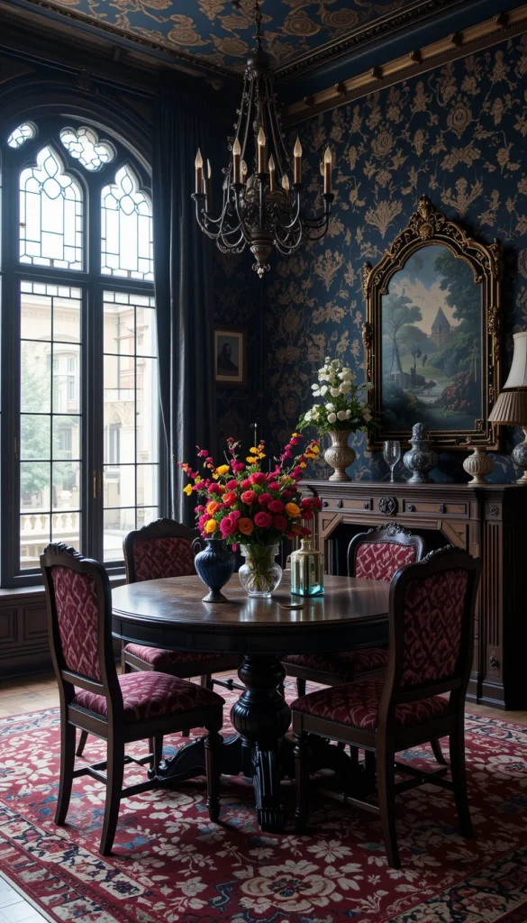 Tapestries and damask wallpapers add historic richness that feels instantly gothic. They bring visual warmth and help fill empty wall space without cluttering the room. Deep blues, reds, and blacks tend to look most cohesive with gothic furniture. If wallpaper feels too permanent, a large tapestry can create the same effect. This idea also enhances acoustics by softening echoes.