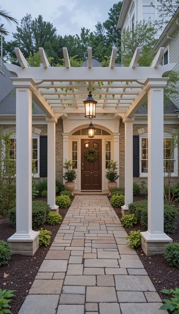 Using a pergola as an entry feature adds curb appeal. It frames the entrance beautifully. This works for gardens and front patios. It creates a welcoming transition. Many homes use lighting to highlight it at night.