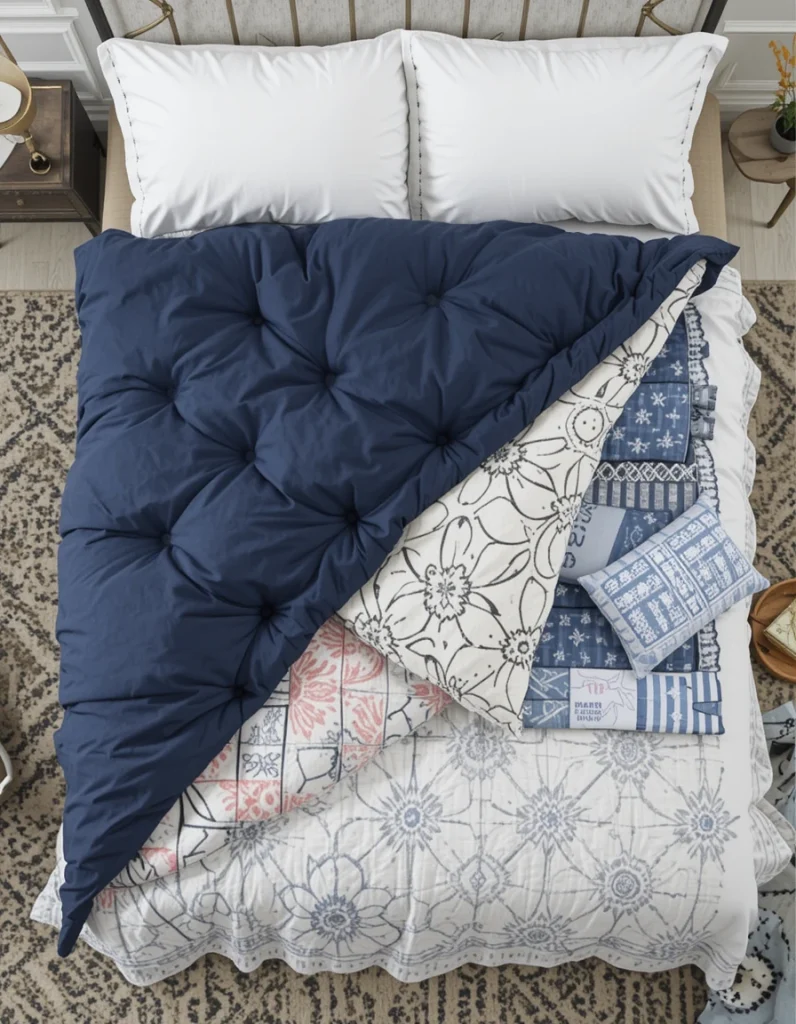 Instead of pulling the duvet all the way up, fold it back about one-third of the way down the bed. This reveals the flat sheet and any quilt underneath, creating depth and contrast. This layered reveal is a signature designer move and instantly elevates the look.
