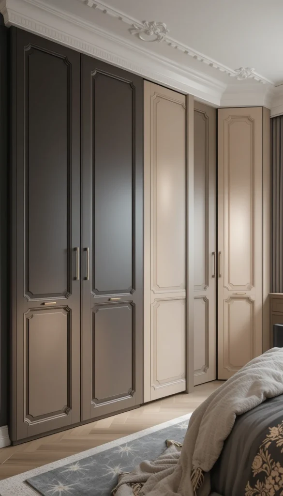 Two-tone wardrobes create visual interest without overwhelming the space. Combining light and dark shades helps break up large surfaces while still feeling cohesive. This approach works well when one color grounds the room and the other adds contrast. It’s a smart way to introduce personality while keeping the design elegant. The key is choosing tones from the same color family for harmony.