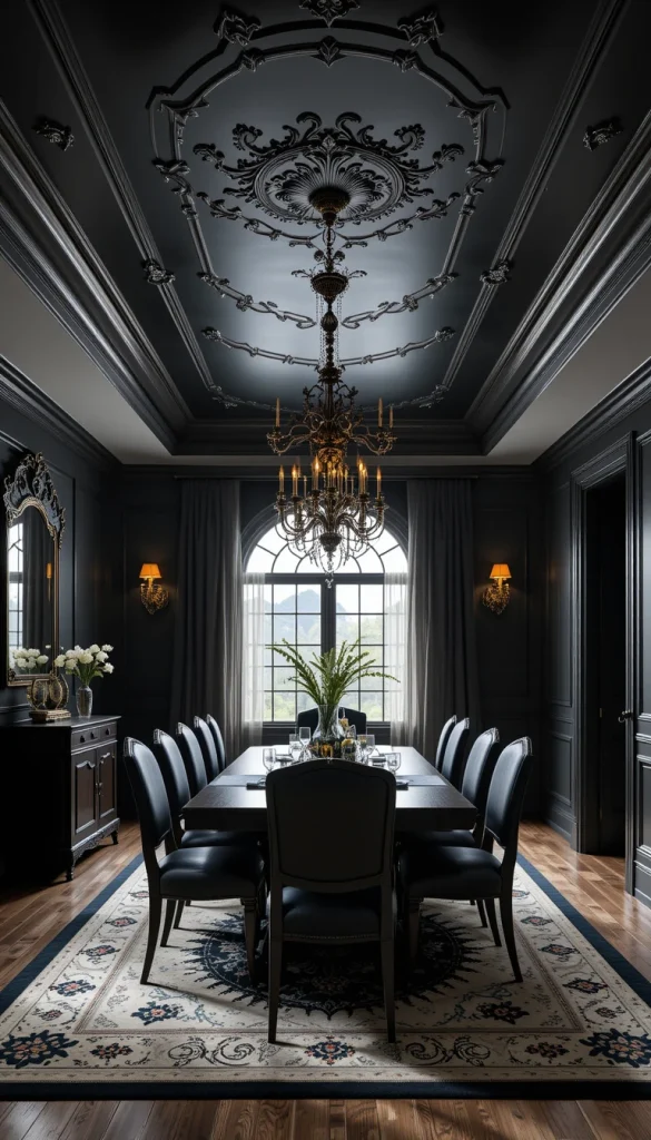 Painting the ceiling black is bold, but it creates an incredibly immersive gothic dining experience. It adds dramatic enclosure without making the room feel smaller when paired with warm lighting. This idea works best with lighter walls or metallic accents to prevent visual heaviness. The ceiling becomes a design feature instead of a forgotten surface. Homeowners who try this often say it’s the most transformative change they made.