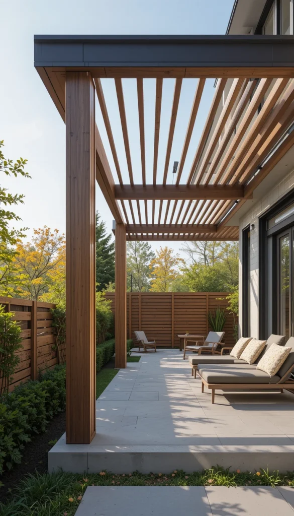 Modern wood slats offer warmth with clean lines. This style suits contemporary homes. The linear design feels intentional. It blends natural material with modern design. Homeowners love its balance of style and comfort.