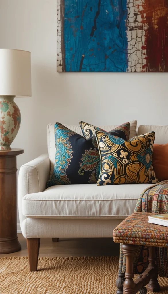 Mud cloth prints introduce both pattern and texture while keeping your palette grounded. The bold lines contrast beautifully with minimalist sofas or neutral bedding. Because mud cloth is handmade, each pillow carries slight imperfections that add character. You can pair them with solid-colored cushions to keep the look balanced. They quietly elevate a space with subtle but powerful African artistry.