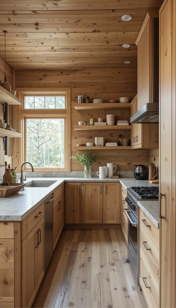 Modern cabin kitchens often feature flat-panel wood cabinets with minimal hardware. The wood adds warmth while stone or concrete countertops introduce a contemporary edge. Open shelving is sometimes used to keep the space visually light. This kitchen style feels practical and social, perfect for gatherings. It proves that wood can feel modern without losing its soul.