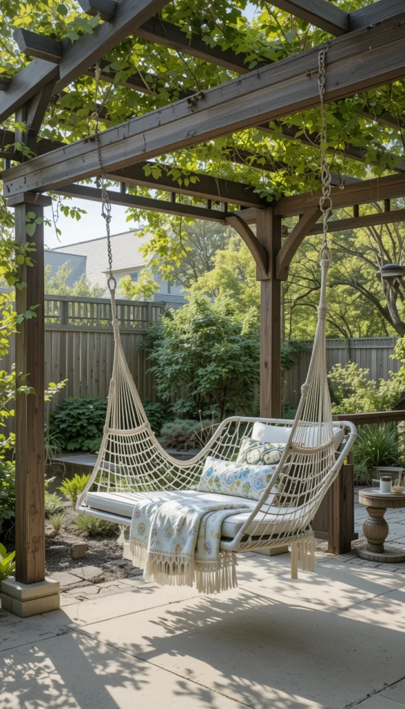 Adding a swing or hammock creates instant relaxation. The pergola provides support and shade. This idea works well for casual spaces. Movement adds a playful, calming element. Real homes often place this near gardens or water features.