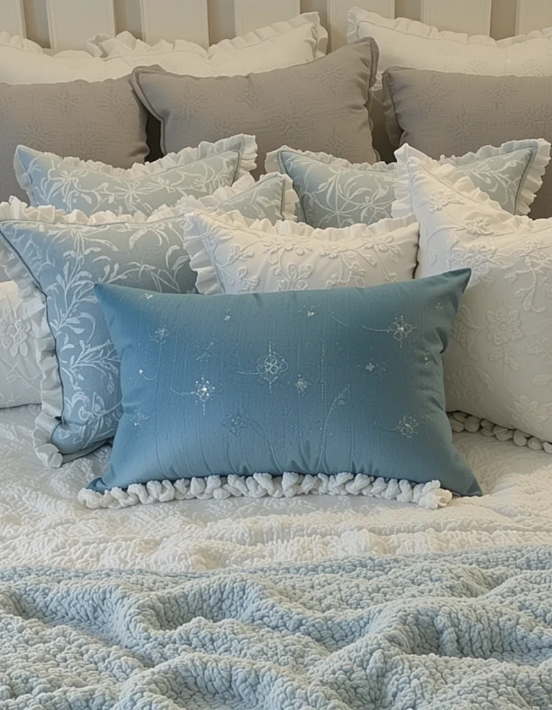 Next comes a row of standard or queen-size decorative pillows. These often match the duvet cover or feature a complementary color. This layer bridges the gap between the large Euro pillows and smaller accent pillows, creating a balanced, tiered look.