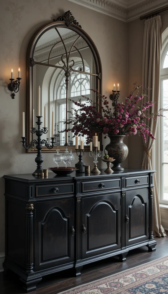 A gothic sideboard provides both function and striking style. Look for pieces with arched doors, heavy hardware, or dark finishes. It becomes the perfect place to display candelabras, gothic glassware, or dramatic floral arrangements. Sideboards also offer much-needed storage for table linens and serving pieces. Even a modern room becomes more atmospheric with the right sideboard anchor.