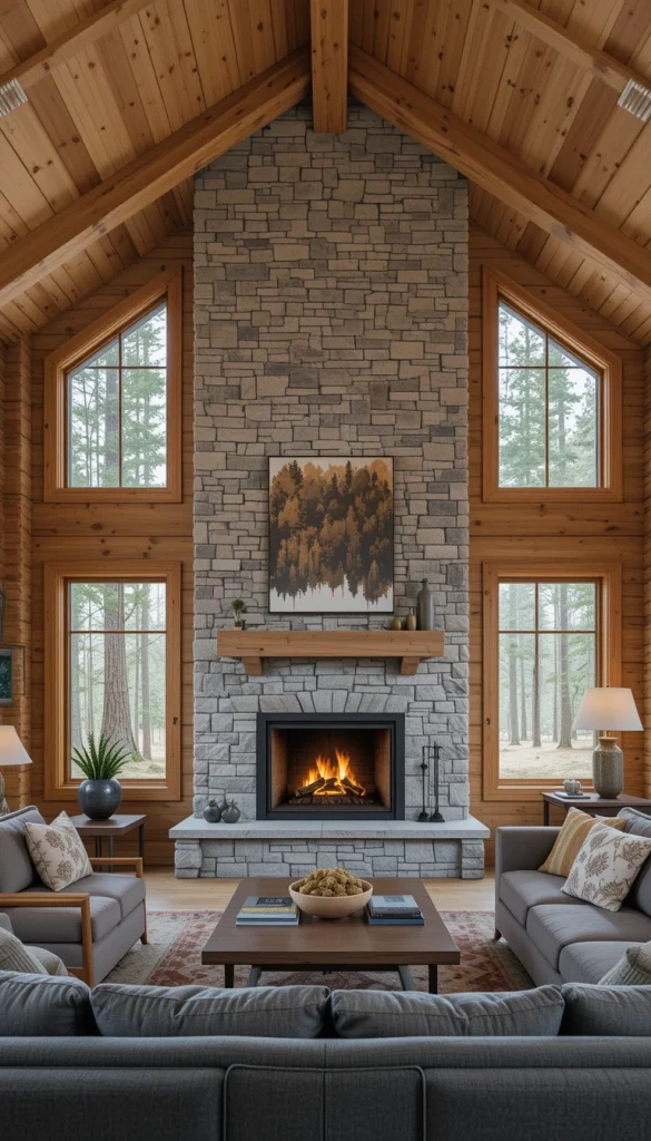Fireplaces remain a focal point, but contemporary cabins simplify the design. Clean-lined fireplaces framed with wood feel modern yet cozy. The wood softens the structure and connects it to the rest of the interior. This design encourages gathering without feeling rustic. It’s comfort with intention.