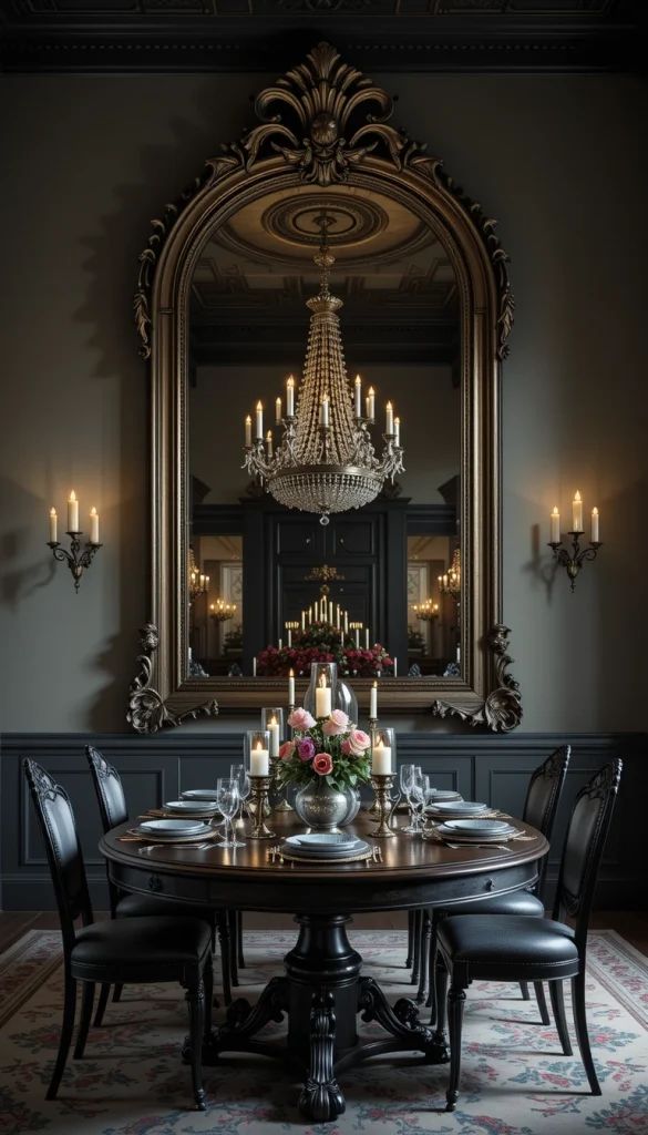 An oversized ornate mirror can visually expand the room while amplifying your gothic elements. Look for baroque frames, distressed metallic finishes, or antique shapes. Mirrors help reflect candlelight, which is a huge advantage in setting a gothic mood. One large mirror usually looks better than multiple small ones in this style. If you want subtle drama, hang it opposite your dining table for a symmetrical, luxurious effect.