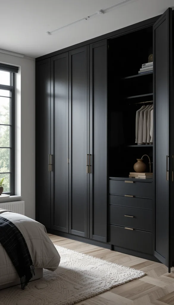 Black wardrobes feel bold yet timeless when designed with clean lines. Matte black finishes add drama without looking flashy. Paired with subtle lighting or brass accents, black wardrobes feel intentional and refined. They work best in rooms with good natural light to avoid feeling too dark. This design suits modern homes that lean toward a sophisticated, moody aesthetic.