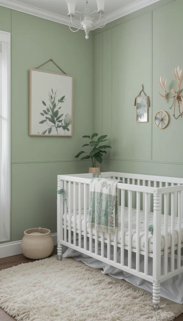 Creating a single sage green feature wall is an easy way to anchor the room without overwhelming it. The contrast with crisp white trim makes the space feel airy and fresh, especially in smaller nurseries. This approach is ideal if you want color but still prefer a neutral-forward palette. It also gives you freedom to layer in bolder décor without the room feeling busy. Parents who like flexibility appreciate how easy it is to update accessories later.