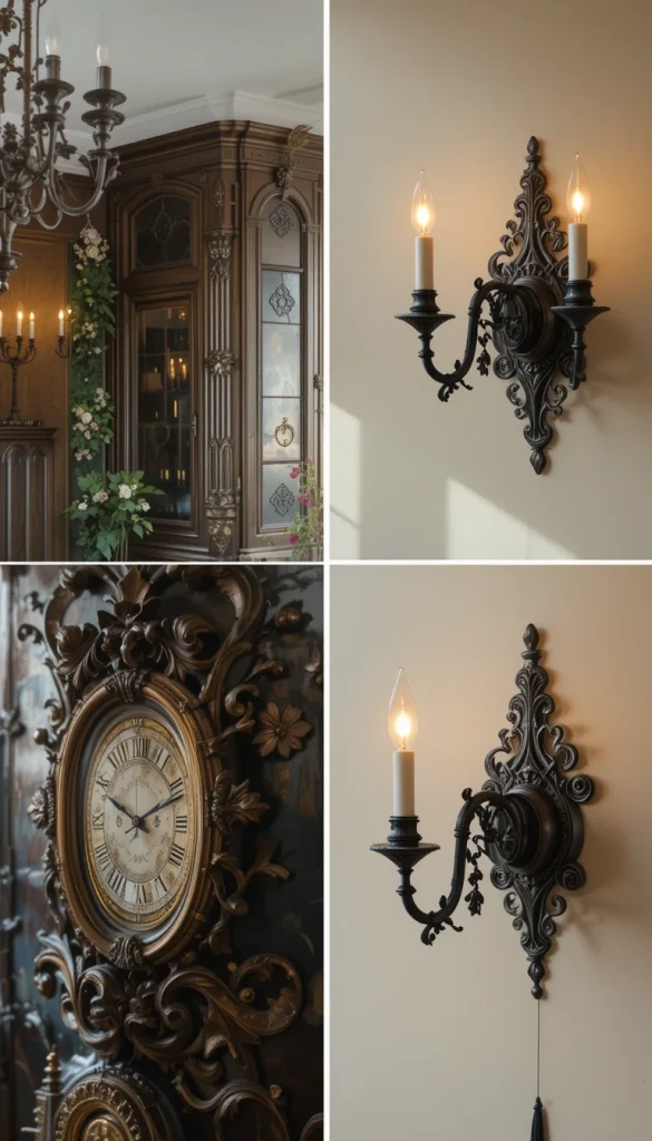 Wall sconces give your dining room an ambient glow that complements candlelight. Choose wrought iron, brass, or carved wood styles. Warm bulbs soften the shadows and bring depth to the room. Placing sconces symmetrically helps reinforce the gothic love for balance and structure. They’re especially helpful in smaller dining rooms where overhead fixtures can feel too harsh.