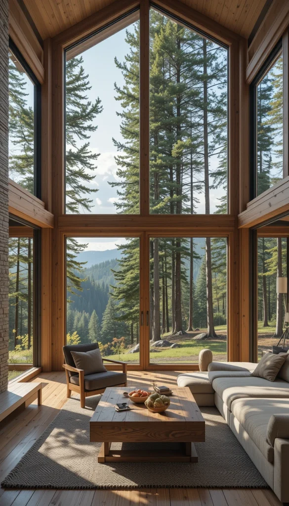 When a cabin is surrounded by nature, the interior should honor that view. Contemporary designs often use floor-to-ceiling windows framed in wood to blur the line between indoors and outdoors. The wood framing keeps the space warm and grounded, even with large expanses of glass. This setup reduces the need for heavy decor. Nature becomes the focal point, which is both calming and timeless.