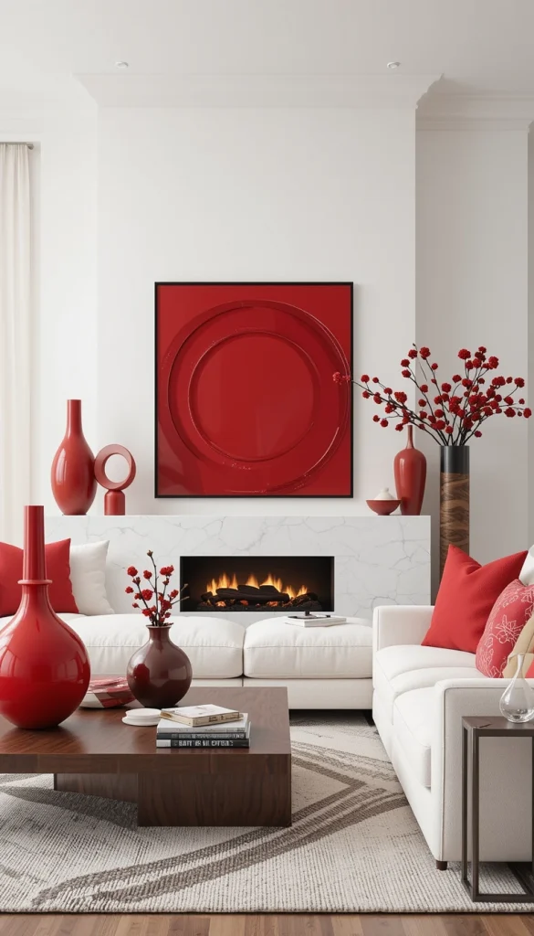 Sculptural decor in red adds personality without clutter. Think ceramic forms or modern art objects placed thoughtfully. These pieces act as visual punctuation points in a neutral room. They work especially well in contemporary homes with clean surfaces. The red feels artistic rather than seasonal.