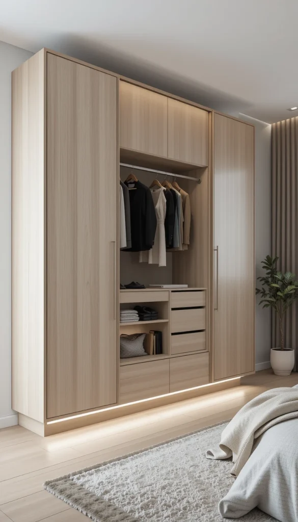 A floating base creates a light, airy effect by lifting the wardrobe slightly off the floor. This design visually reduces bulk and adds a modern touch. It also makes cleaning underneath easier, which is a practical bonus. Soft under-lighting enhances the floating effect. This style works best in contemporary, minimalist bedrooms.