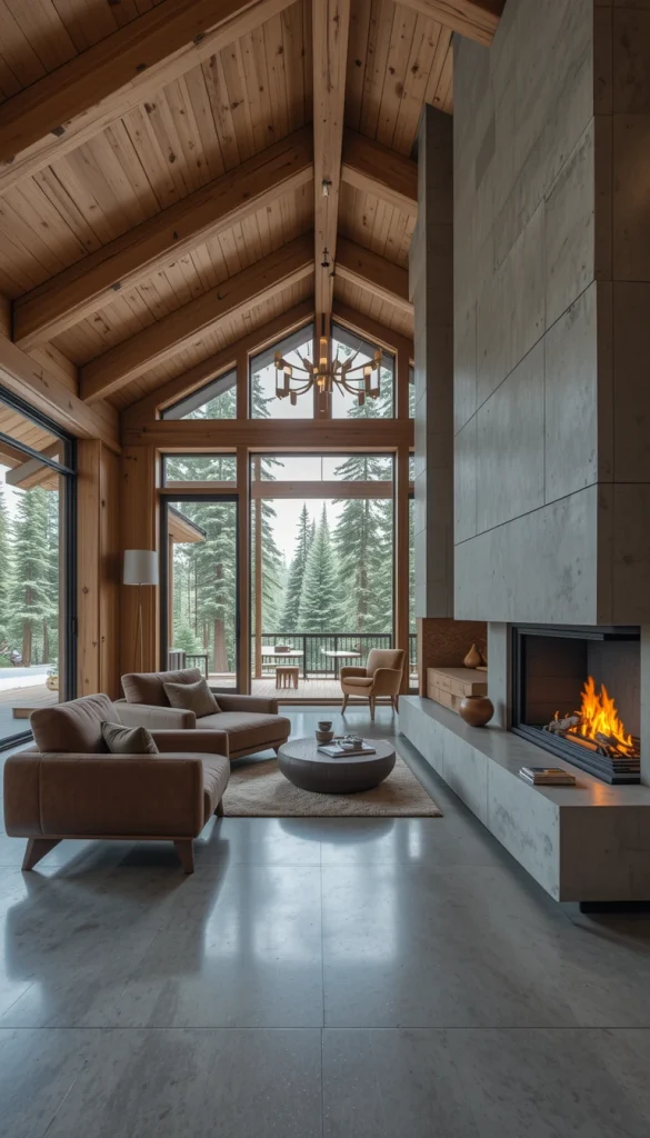 Concrete floors or fireplaces paired with wood walls create a striking modern-cabin contrast. The coolness of concrete balances the warmth of wood, making the space feel intentional and architectural. This combo is especially popular in contemporary mountain cabins. It’s practical, durable, and visually strong. The mix prevents the cabin from feeling overly traditional.
