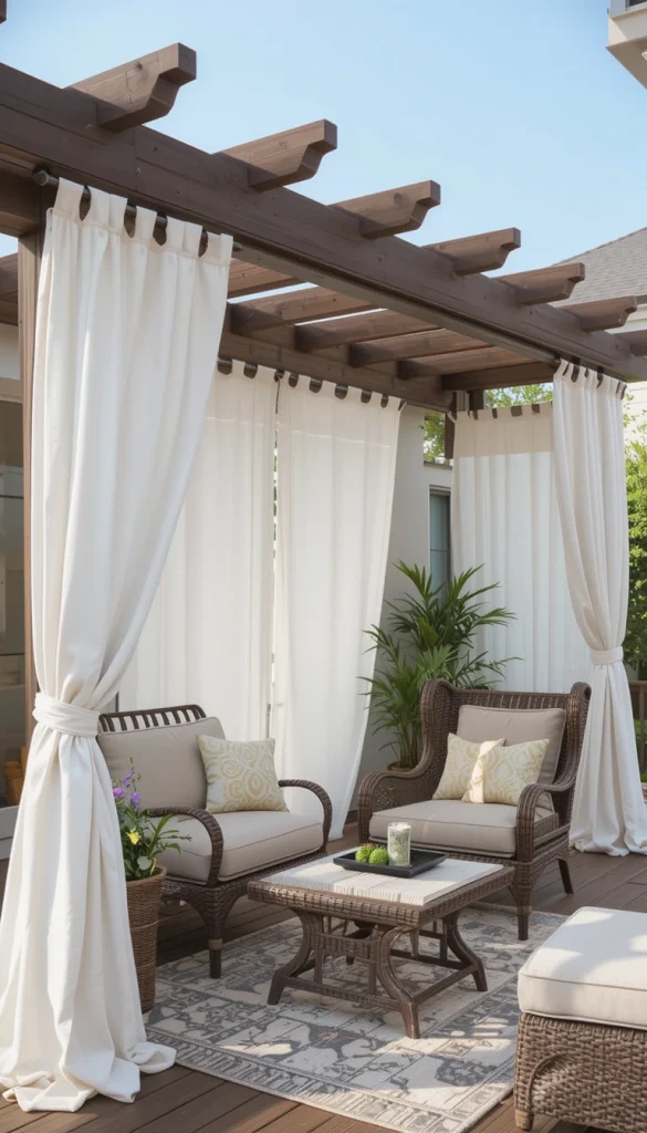 Outdoor curtains add both function and style. They provide privacy, block low-angle sun, and soften the structure visually. This option works well on decks and patios near neighbors. Curtains make the space feel like an outdoor room. Homeowners often choose neutral fabrics for a timeless look.