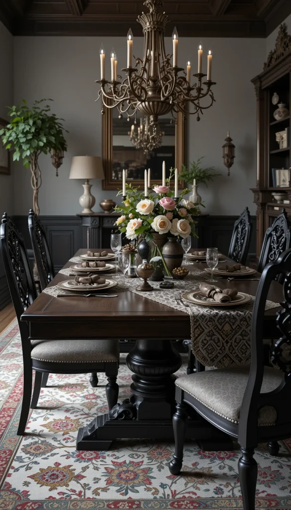 A dark wood table—especially one with carved legs—creates a strong anchor for the entire space. Walnut, mahogany, and ebony finishes are popular choices. These tables look even better with layered textures like lace runners or velvet placemats. The sturdiness and visual weight help define the gothic style without needing excessive accessories. Many homeowners consider this the foundational piece of the room.