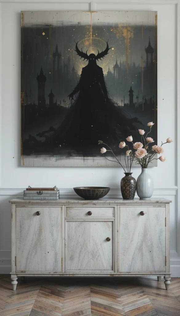 Abstract or traditional moody artwork reinforces the room’s atmosphere. Look for art with deep tones, dramatic lighting, or mysterious subject matter. Oversized pieces work especially well above buffets or sideboards. This type of artwork adds emotional depth without being overly literal. A single large piece often feels more intentional than several smaller ones.