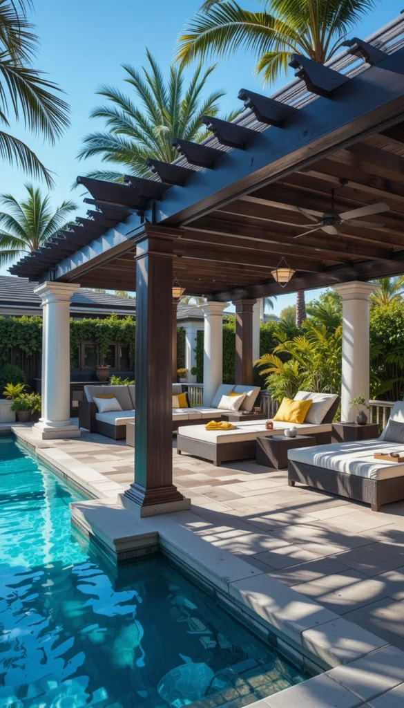 A poolside pergola offers shade and style. It creates a place to lounge away from direct sun. This design feels resort-inspired. It makes pool areas more functional. Many people add daybeds or loungers underneath.
