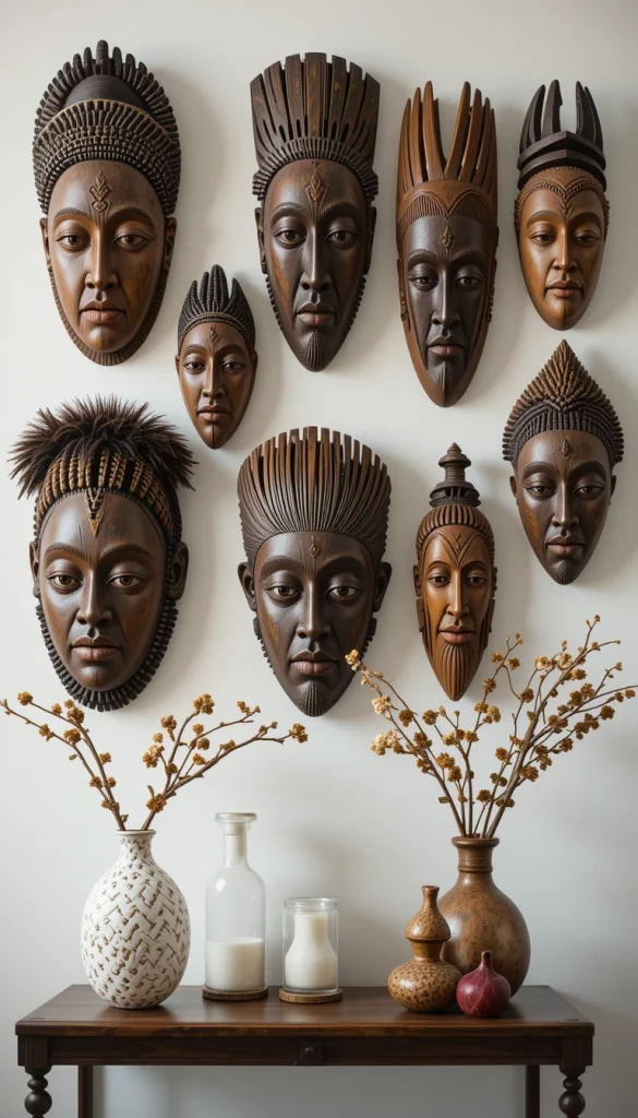 Hand-carved wooden masks instantly introduce cultural storytelling while remaining neutral enough to blend with modern décor. They work well on accent walls where you want dimension without adding busy patterns. The craftsmanship involved brings a sense of history and authenticity that mass-produced art can’t imitate. Choose masks with varied heights and textures for a curated look rather than a uniform display. This is one of the easiest ways to add cultural depth without overwhelming the room.
