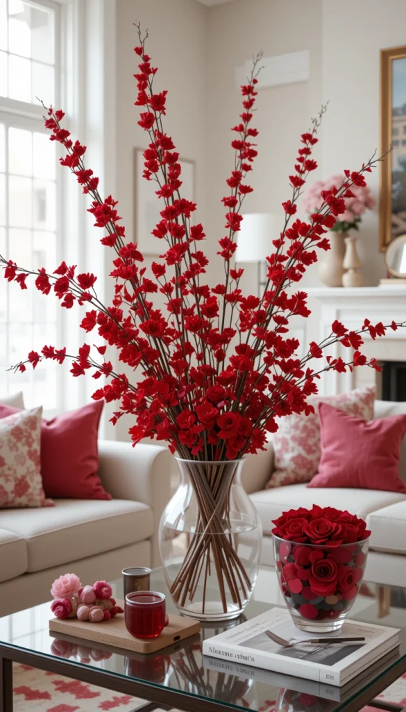 Fresh or dried red florals instantly signal Valentine’s energy. Keeping the arrangement simple and architecturalmaintains a contemporary feel. Placed on a coffee table or console, they become a focal point. This works well for short-term styling without commitment. It’s romantic and refreshing.