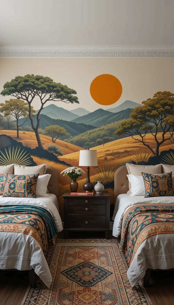 A mural featuring African landscapes, symbolic patterns, or abstract interpretations of cultural motifs can transform an entire room. Murals make the space feel immersive and intentional. They work well behind beds, in reading nooks, or in creative studios. Paired with minimal furniture, they become the undeniable star of the room. A mural is the most dramatic—and rewarding—way to make Afro chic décor the heart of your home.