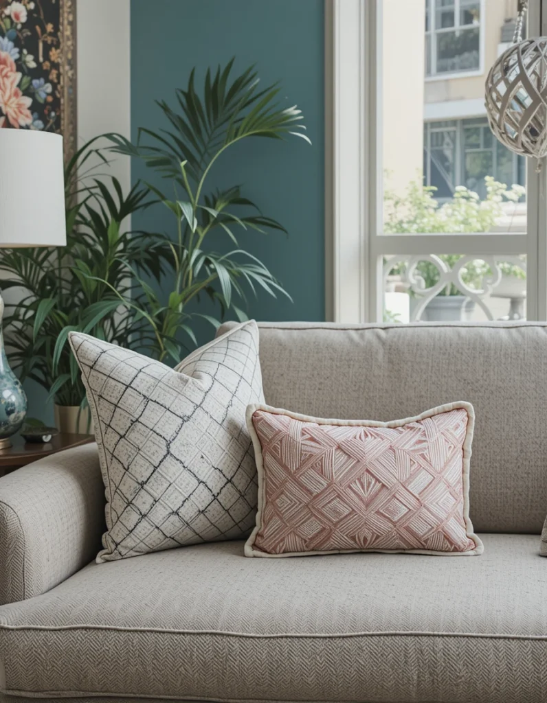 This is where personality comes in. Add one to three accent pillows or a single lumbar pillow in front. Designers use this layer to introduce contrast—think texture, pattern, or a slightly bolder color. Keep it intentional; too many small pillows can feel cluttered rather than curated.