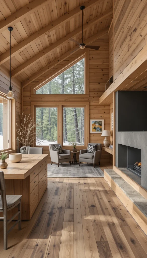 Using multiple wood tones can feel risky, but contemporary cabins handle it beautifully. The key is intentional contrast, such as warm floors paired with slightly cooler wall paneling. Keeping finishes matte helps everything feel cohesive. This approach adds depth and visual interest. It also makes the space feel layered rather than one-note.