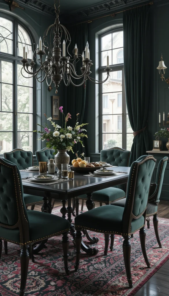 Velvet brings rich texture that instantly elevates a gothic space. Deep greens, charcoals, blacks, or burgundies tend to look especially lush. Velvet also contrasts beautifully with stoneware, metal accessories, and rustic wood. If the idea of solid velvet feels too bold, choose chairs with velvet upholstery on only the seat or back. Homeowners often find that velvet surprisingly hides wear better than expected.