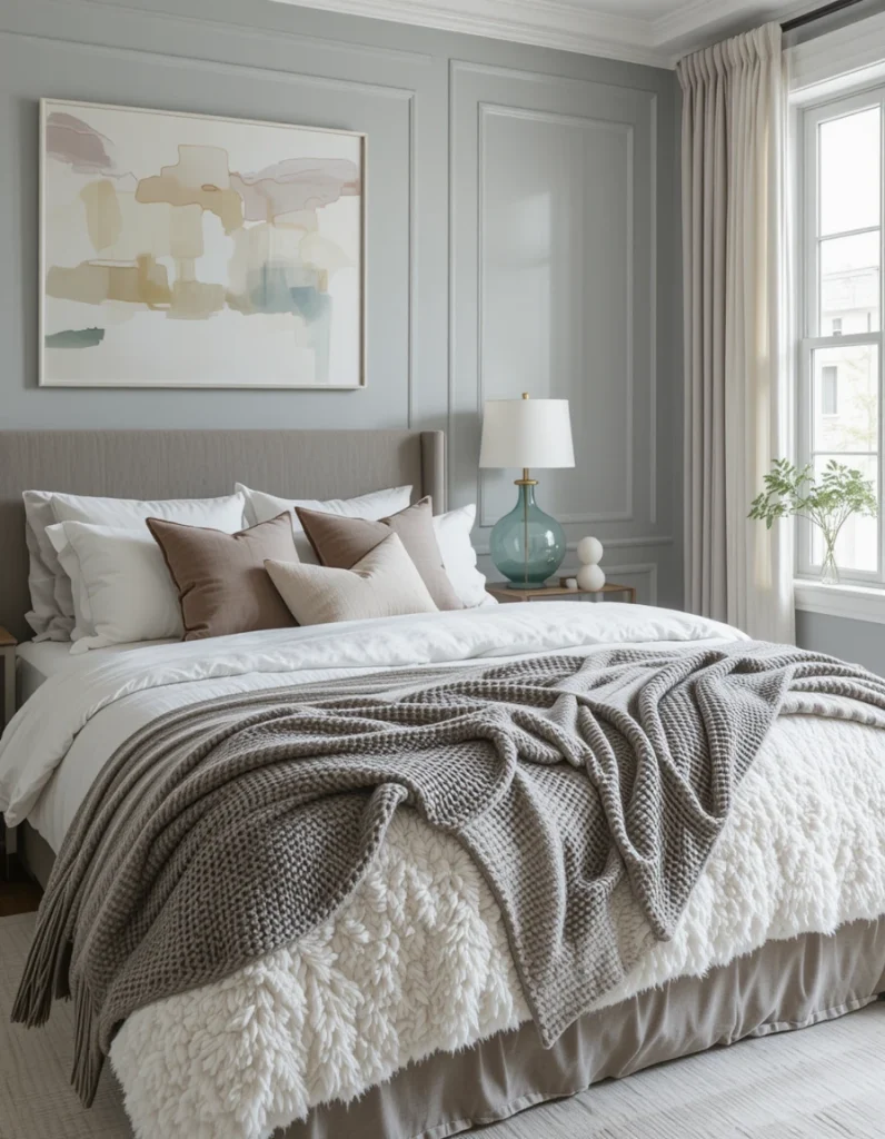 A throw blanket adds softness and a relaxed, lived-in feel. Designers usually place it casually at the foot of the bed, either folded neatly or draped slightly off-center. Choose a contrasting texture—chunky knit, wool, or faux fur—to add warmth and dimension.